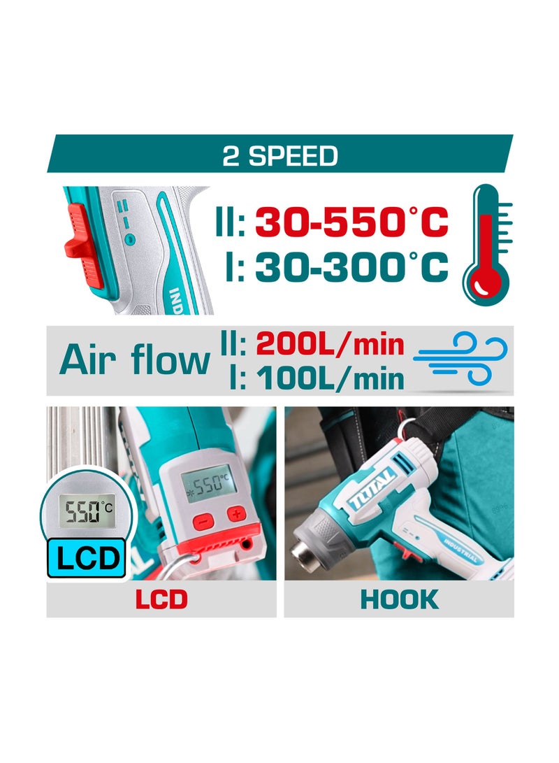 TOTAL Cordless Heat Gun 20V, LCD Display Temperature Control 30-550°C, 2 Speed Airflow 100/200 L/min, with 5.0Ah Battery, Charger, 3 Nozzles, Scraper, Carrying Case - Image 3